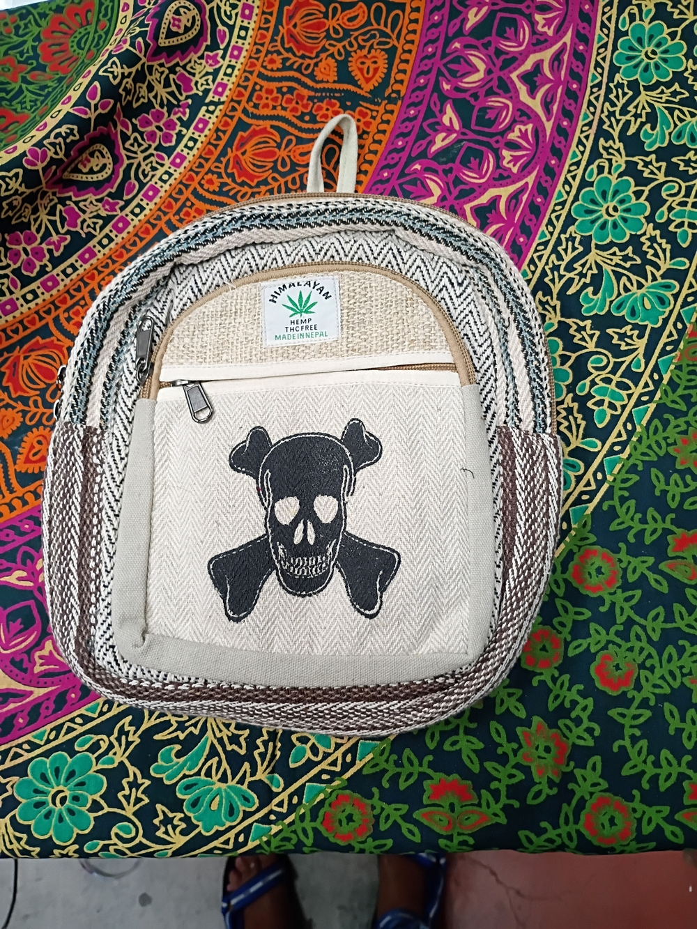NWOT Himalayan Hemp Skull Patch Mini Backpack - Natural & Brown